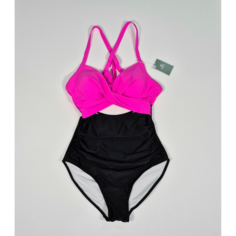 Eomenie One Piece Swimsuit Pink Black Ruched Tummy Control Cutout Size M NWT
